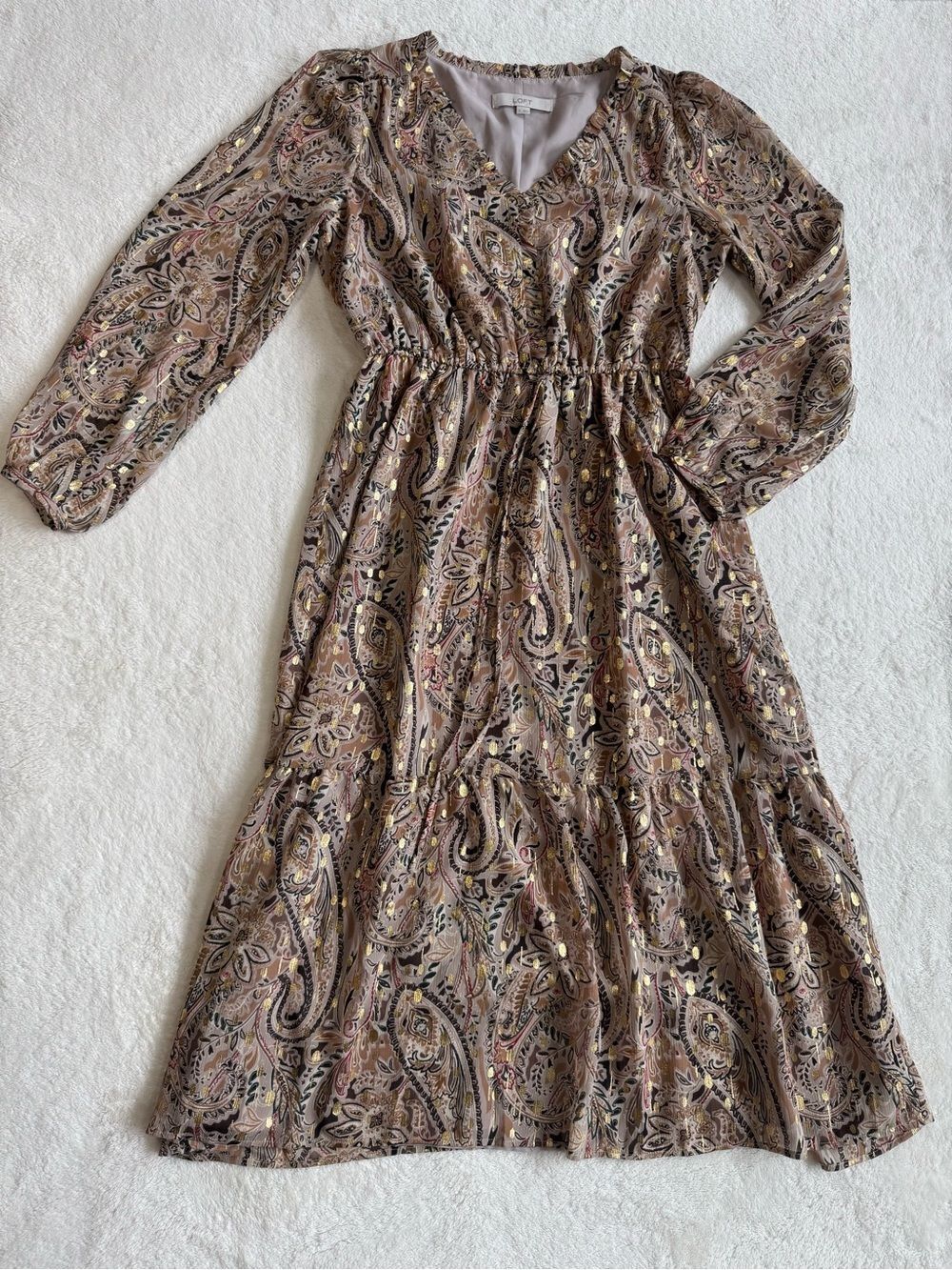 LOFT Shimmer Paisley Metallic Gold V-Neck Midi Dress Long Sleeve Small